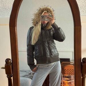 Mackage Charcoal Puffer Jacket with Fur Trim